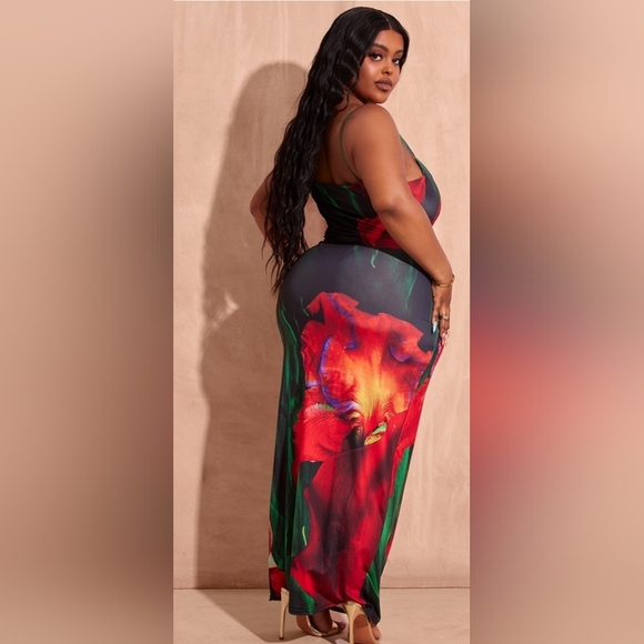 NWOT/ Prettylittlething Plus Multi Printed Cowl Neck Midi Dress - Picture 3 of 5